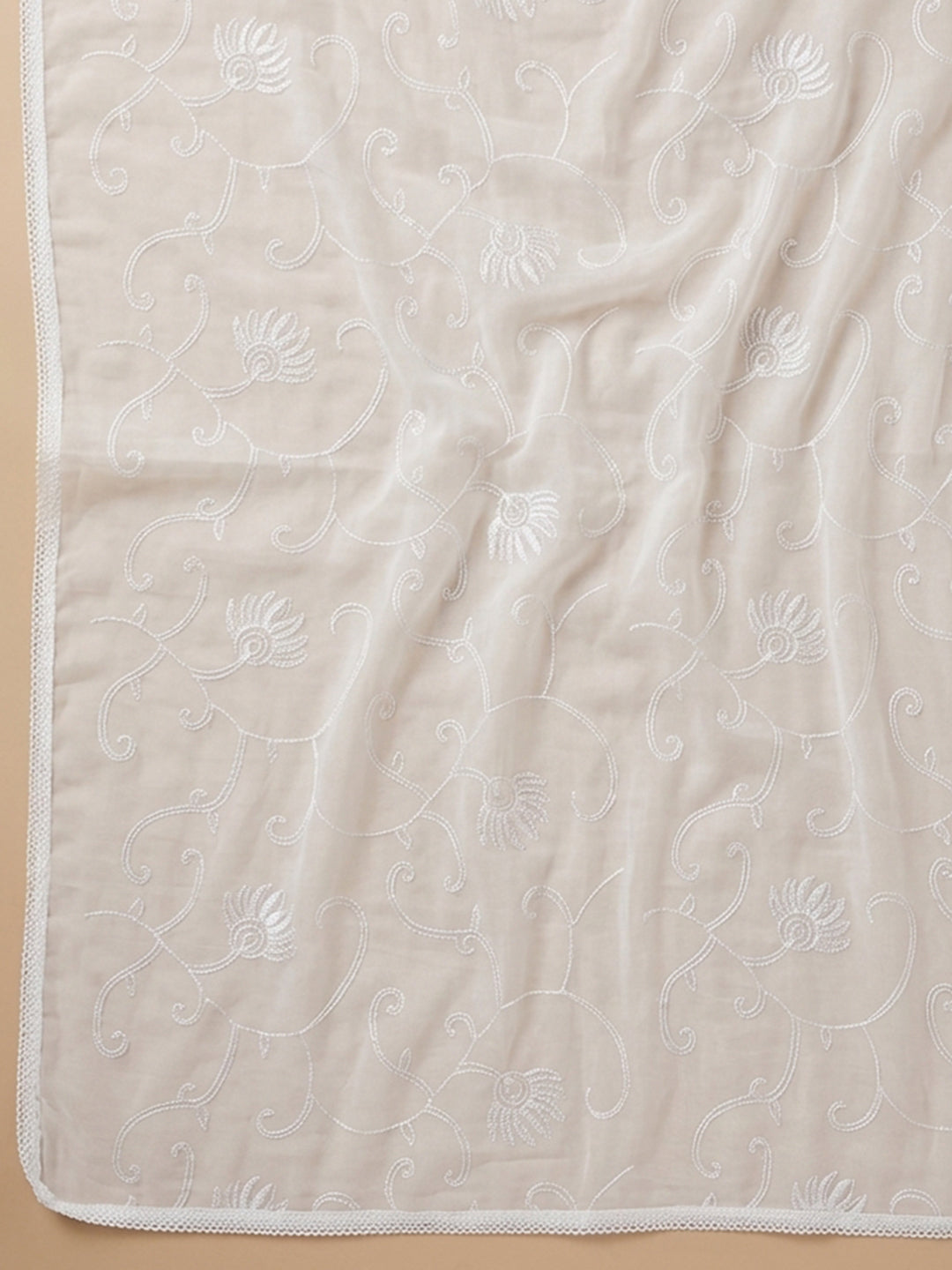 Cream Mehndi Embroidered Cotton Blend Unstitched Suit With Pant &amp; Dupatta