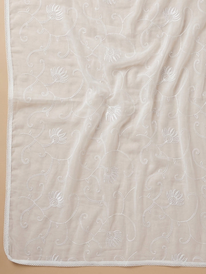 Cream Mehndi Embroidered Cotton Blend Unstitched Suit With Pant &amp; Dupatta