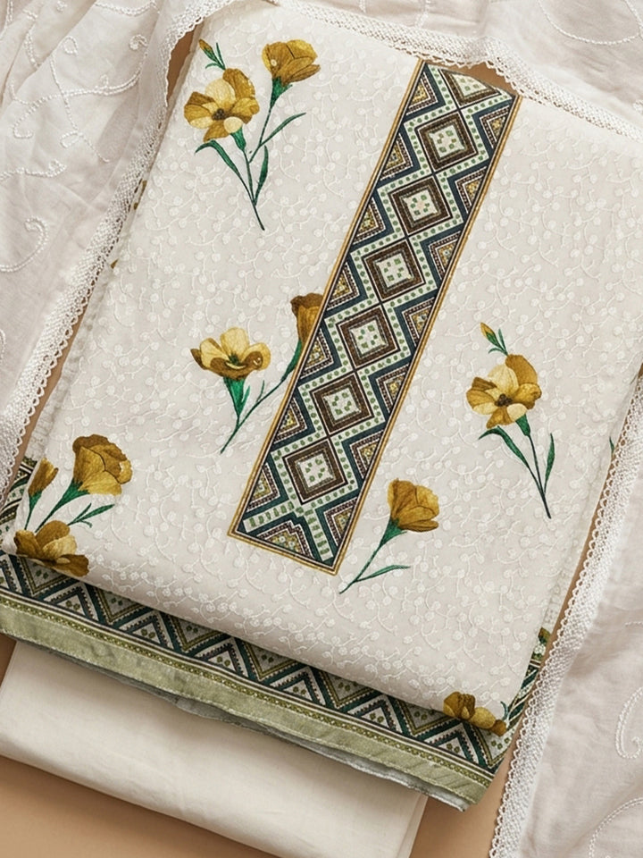 Cream Mehndi Embroidered Cotton Blend Unstitched Suit With Pant &amp; Dupatta