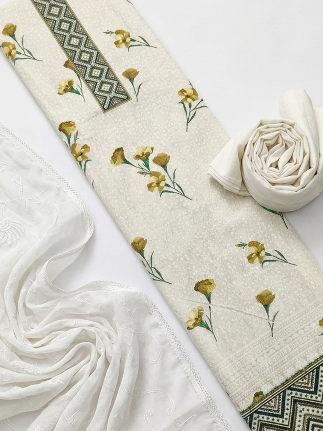 Cream Mehndi Embroidered Cotton Blend Unstitched Suit With Pant &amp; Dupatta