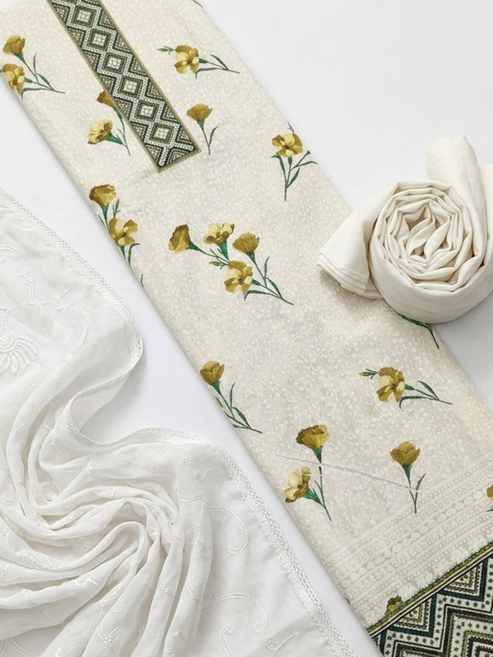 Cream Mehndi Embroidered Cotton Blend Unstitched Suit With Pant &amp; Dupatta