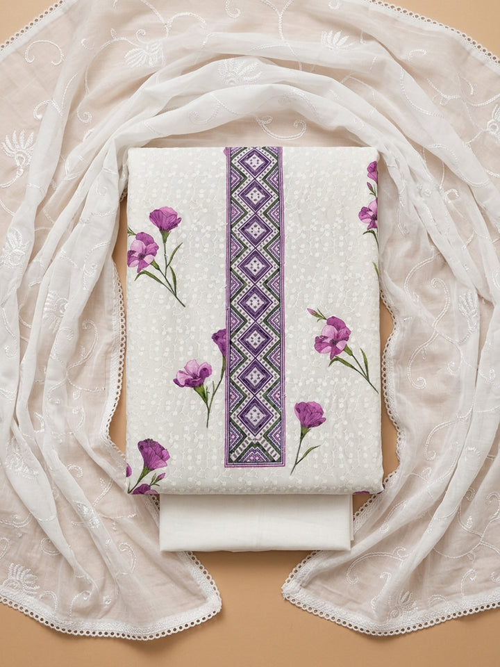 Cream Purple Embroidered Cotton Blend Unstitched Suit With Pant &amp; Dupatta