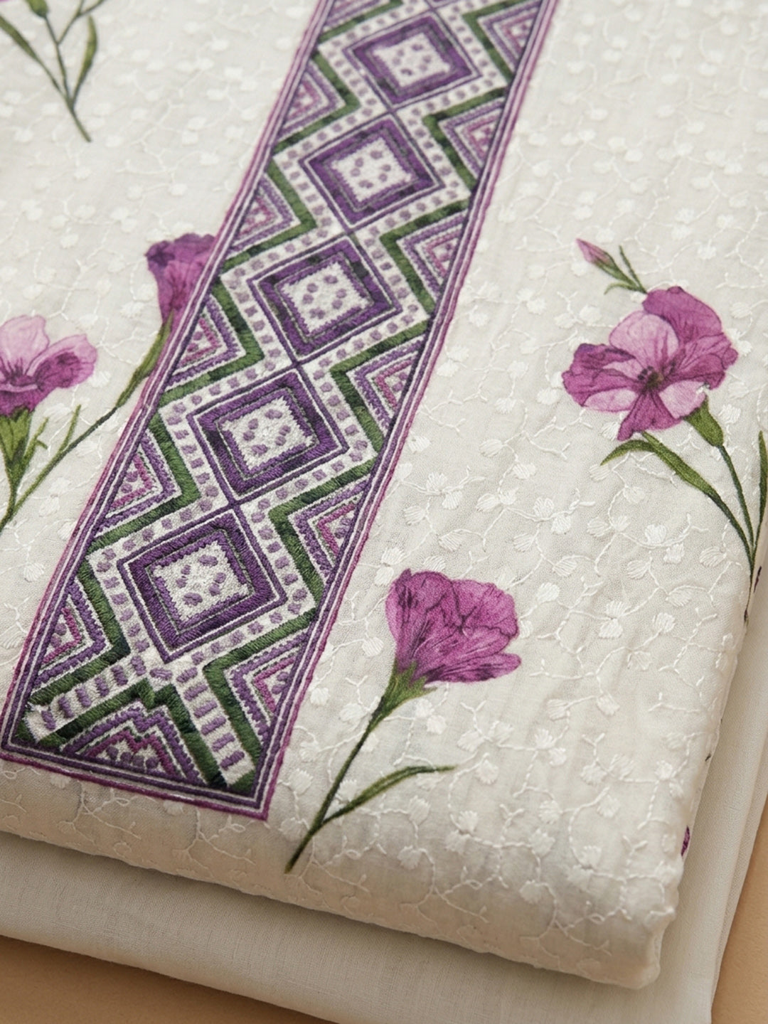 Cream Purple Embroidered Cotton Blend Unstitched Suit With Pant &amp; Dupatta