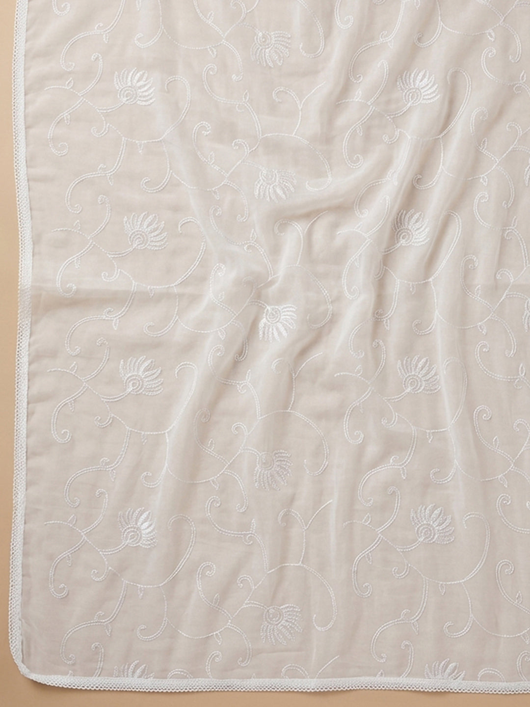 Cream Purple Embroidered Cotton Blend Unstitched Suit With Pant &amp; Dupatta