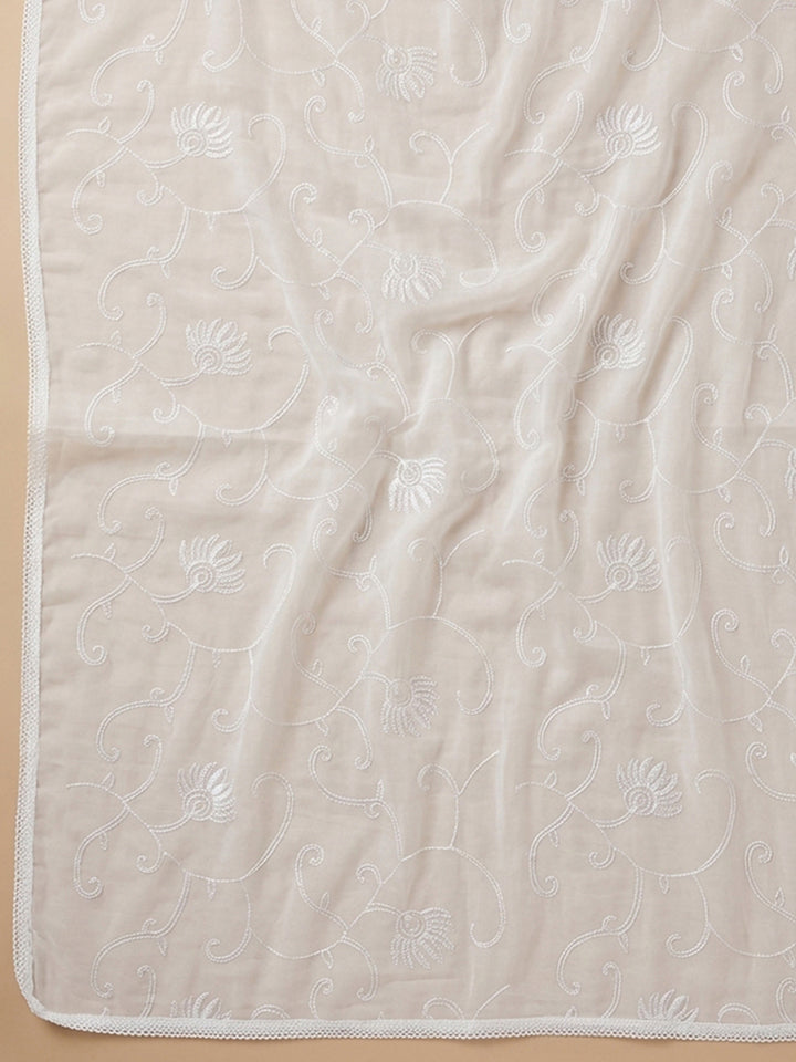 Cream Purple Embroidered Cotton Blend Unstitched Suit With Pant &amp; Dupatta