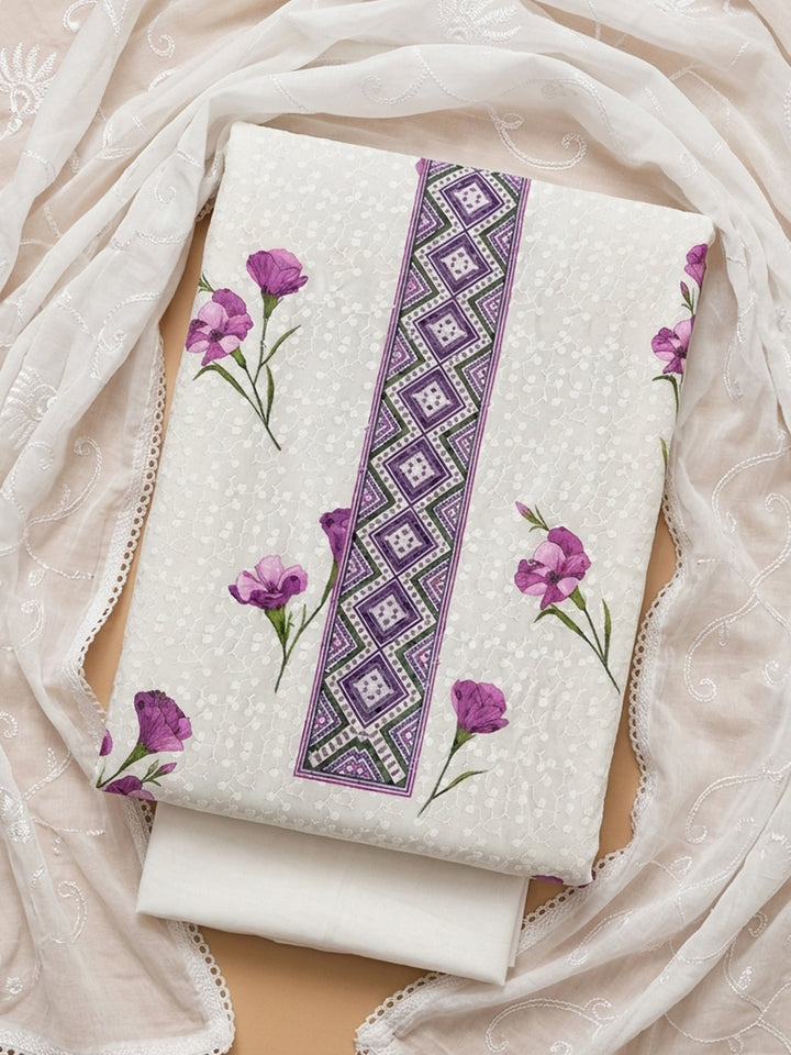 Cream Purple Embroidered Cotton Blend Unstitched Suit With Pant &amp; Dupatta