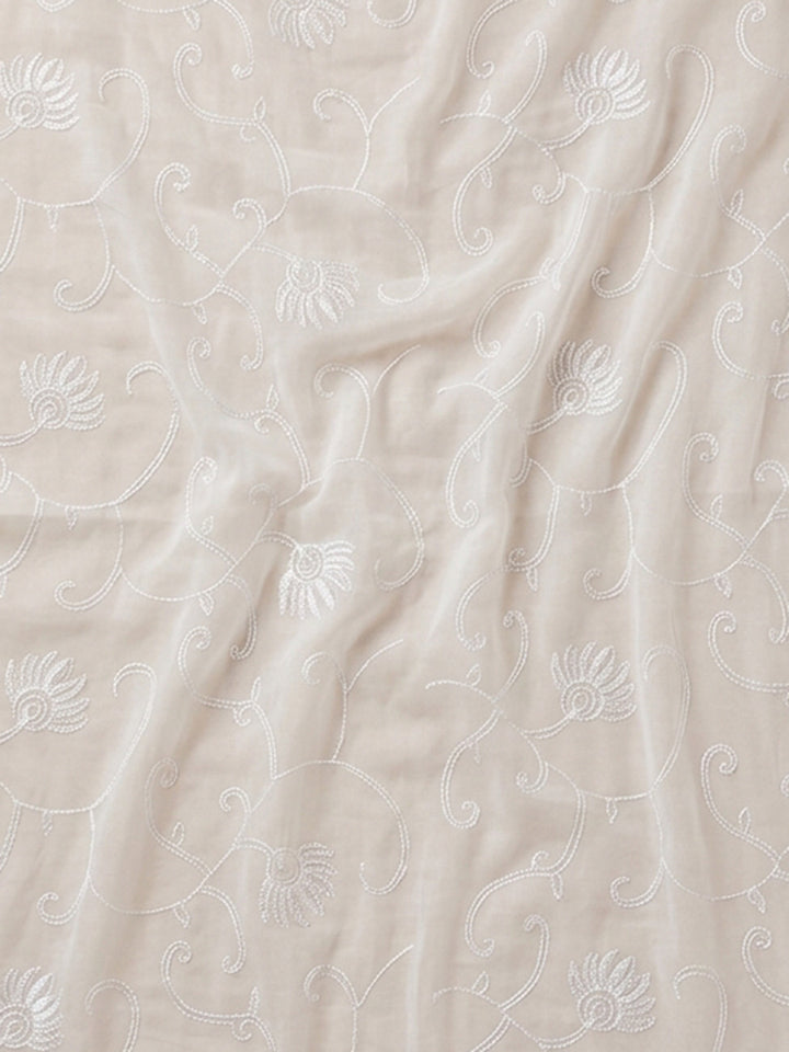 Cream Purple Embroidered Cotton Blend Unstitched Suit With Pant &amp; Dupatta