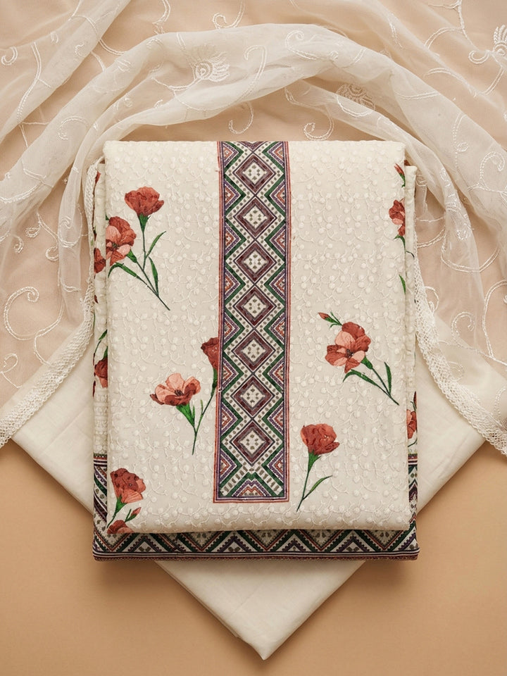 Cream Rust Embroidered Cotton Blend Unstitched Suit With Pant &amp; Dupatta