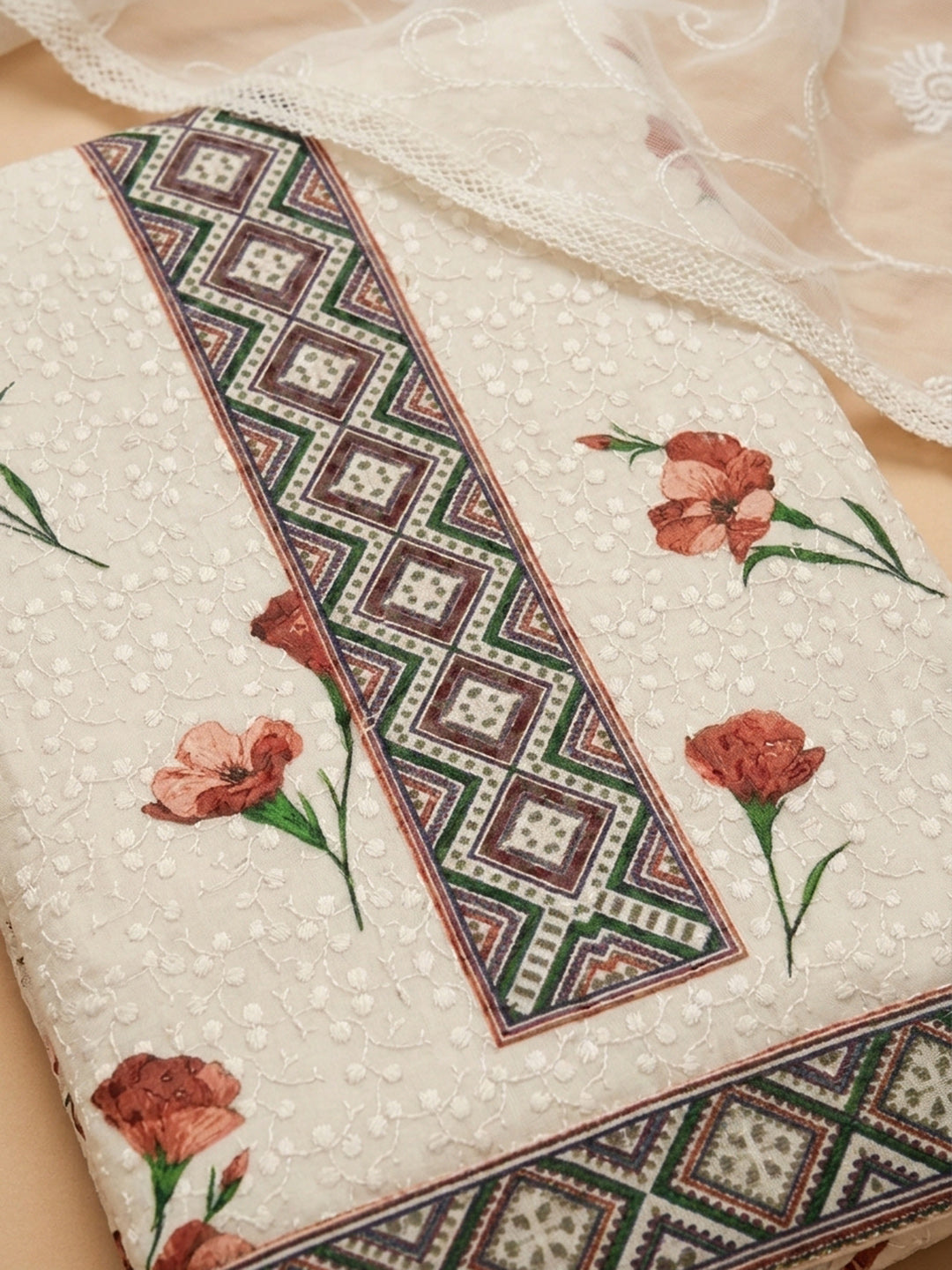 Cream Rust Embroidered Cotton Blend Unstitched Suit With Pant &amp; Dupatta