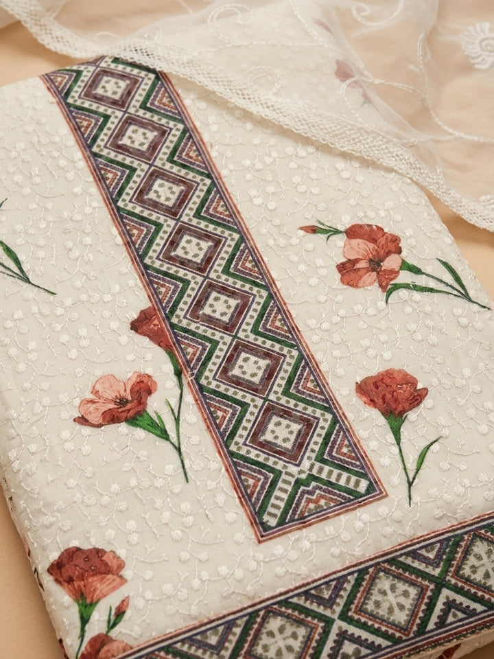 Cream Rust Embroidered Cotton Blend Unstitched Suit With Pant &amp; Dupatta