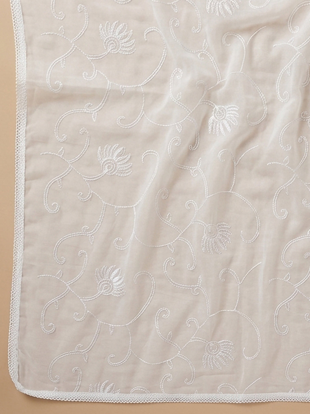 Cream Rust Embroidered Cotton Blend Unstitched Suit With Pant &amp; Dupatta