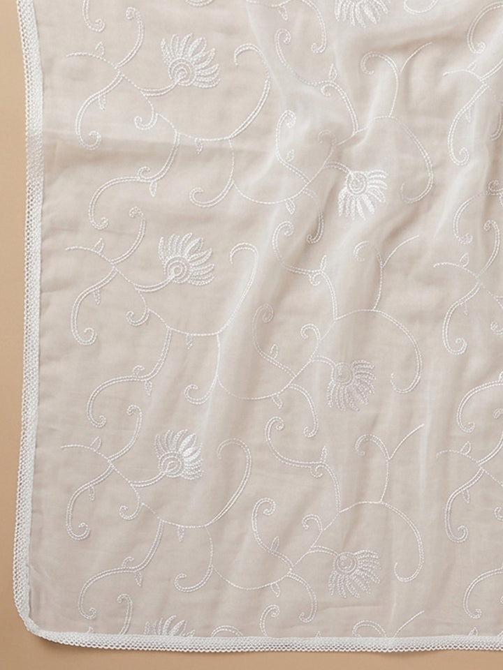 Cream Rust Embroidered Cotton Blend Unstitched Suit With Pant &amp; Dupatta
