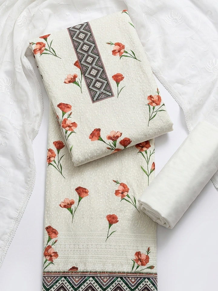 Cream Rust Embroidered Cotton Blend Unstitched Suit With Pant &amp; Dupatta