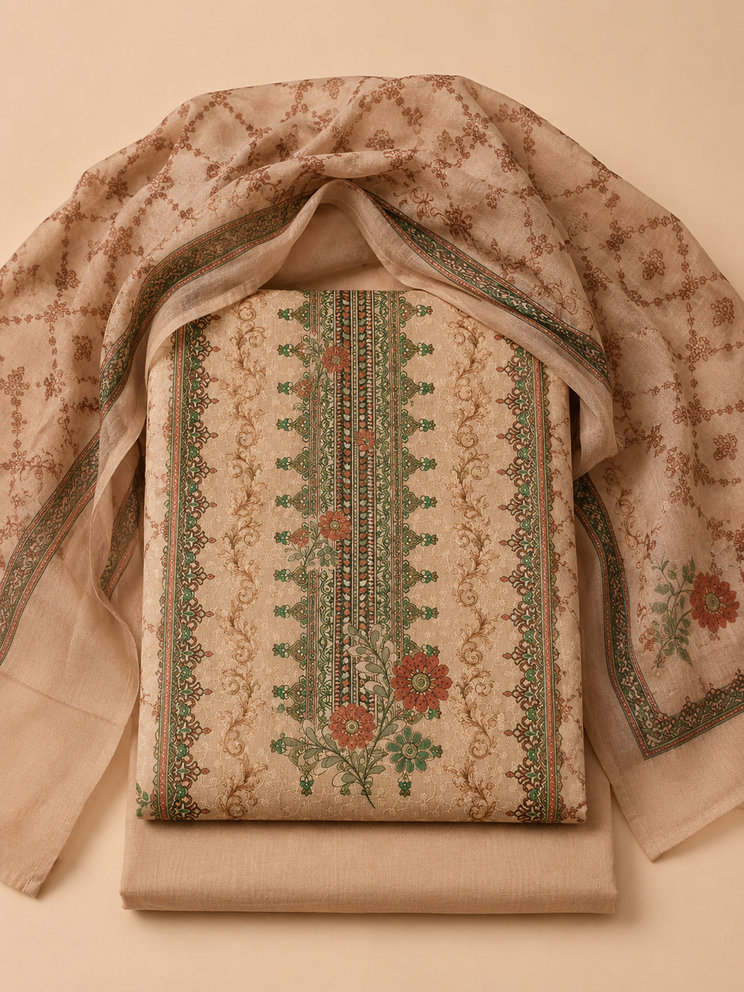 Beige Printed Cotton Blend Unstitched Suit &amp; Pant With Cotton Dupatta