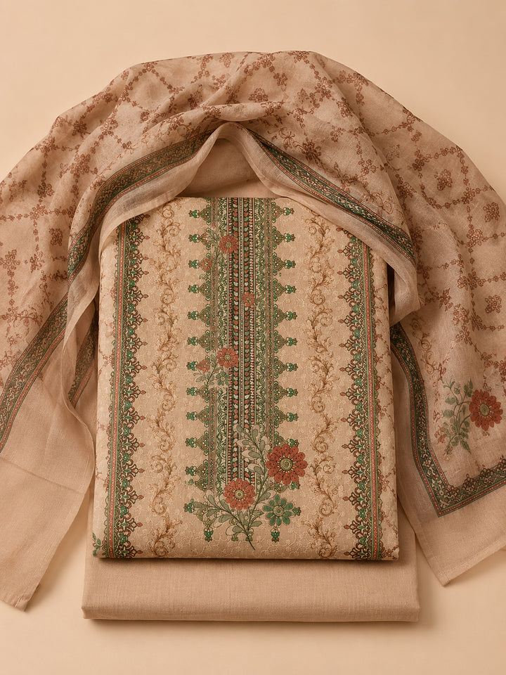 Beige Printed Cotton Blend Unstitched Suit &amp; Pant With Cotton Dupatta