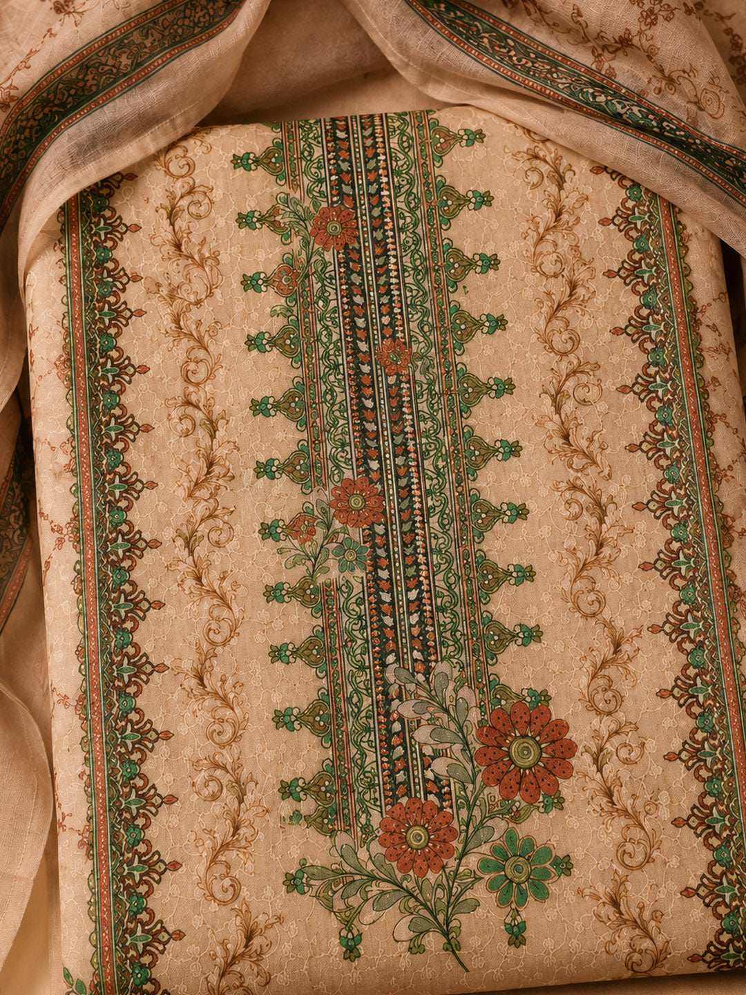 Beige Printed Cotton Blend Unstitched Suit &amp; Pant With Cotton Dupatta