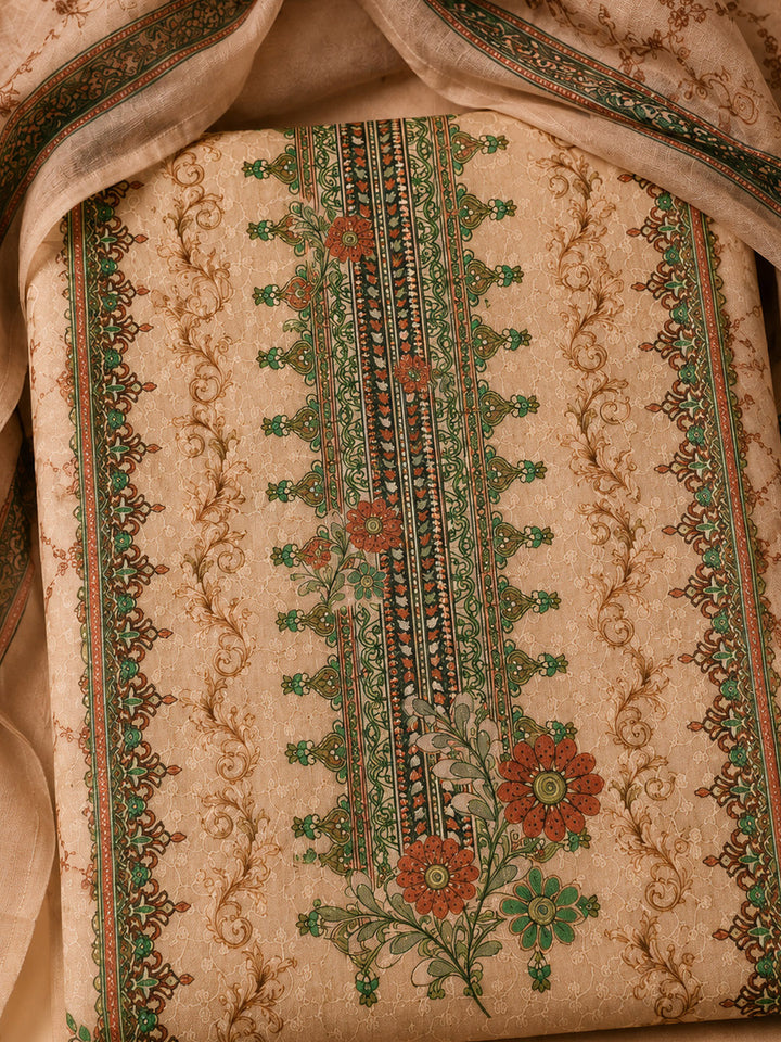 Beige Printed Cotton Blend Unstitched Suit &amp; Pant With Cotton Dupatta