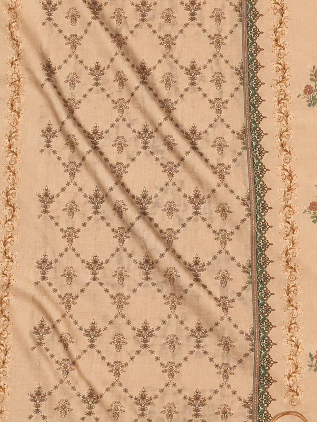 Beige Printed Cotton Blend Unstitched Suit &amp; Pant With Cotton Dupatta