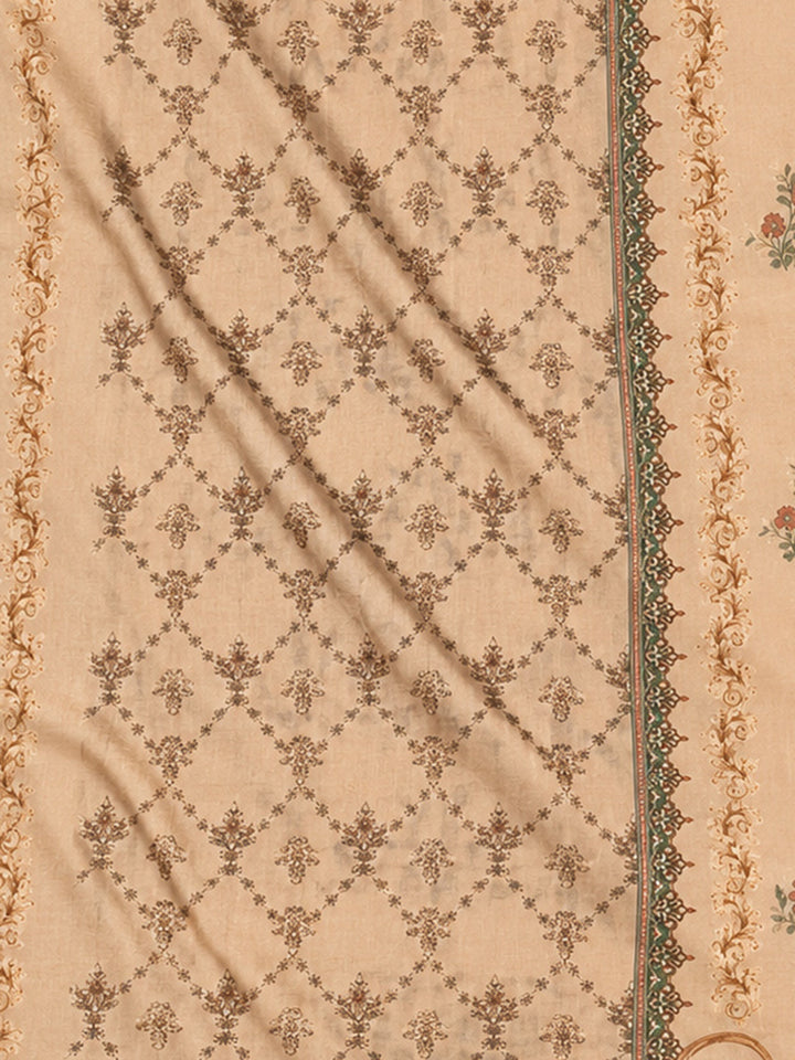 Beige Printed Cotton Blend Unstitched Suit &amp; Pant With Cotton Dupatta