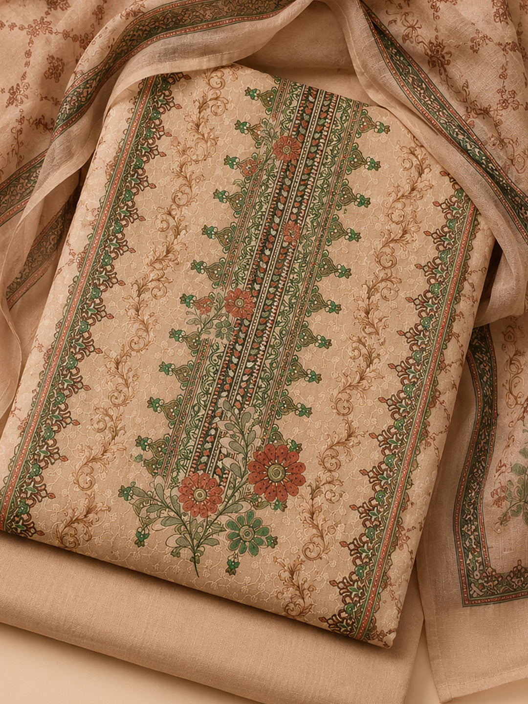 Beige Printed Cotton Blend Unstitched Suit &amp; Pant With Cotton Dupatta