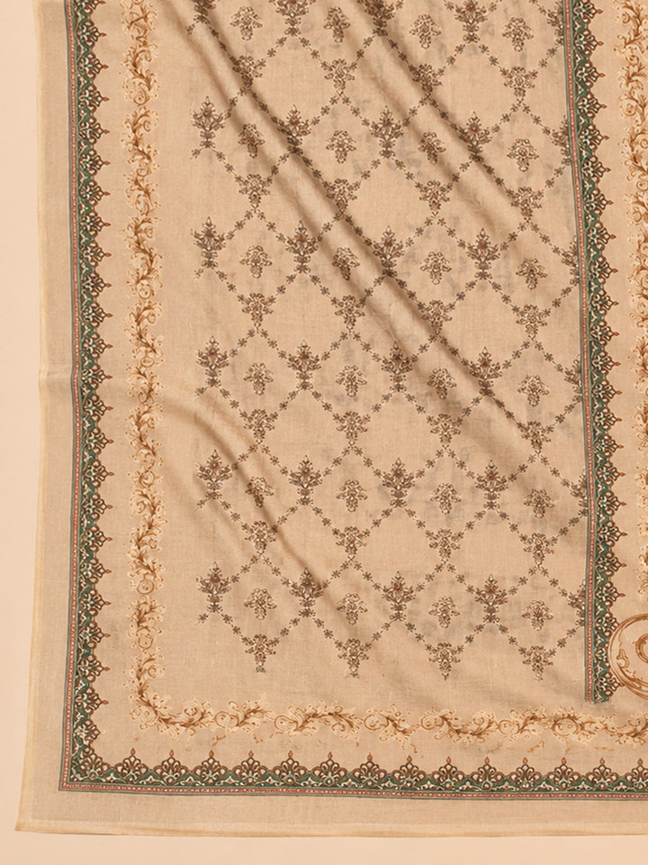 Beige Printed Cotton Blend Unstitched Suit &amp; Pant With Cotton Dupatta
