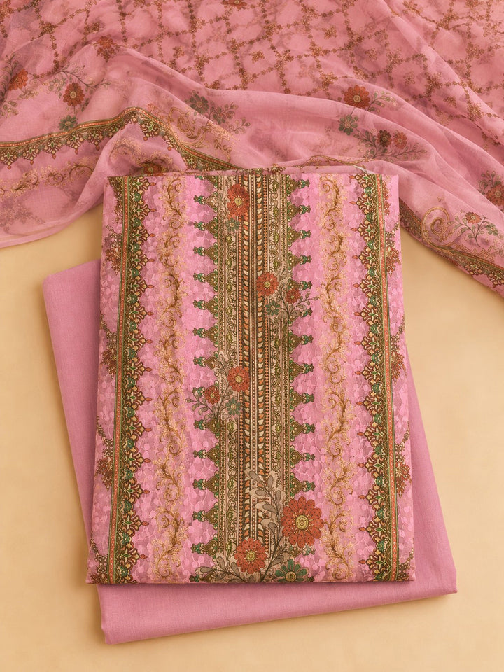 Peach Printed Cotton Blend Unstitched Suit &amp; Pant With Cotton Dupatta