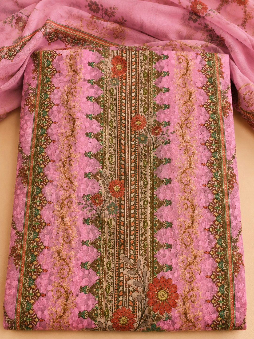 Peach Printed Cotton Blend Unstitched Suit &amp; Pant With Cotton Dupatta
