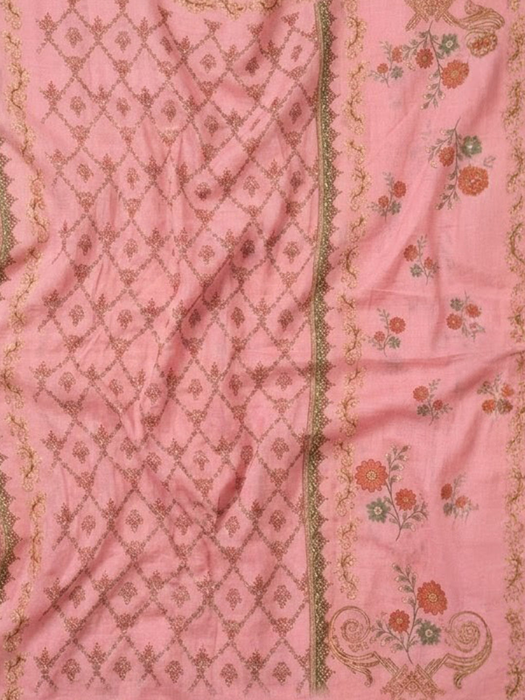 Peach Printed Cotton Blend Unstitched Suit &amp; Pant With Cotton Dupatta