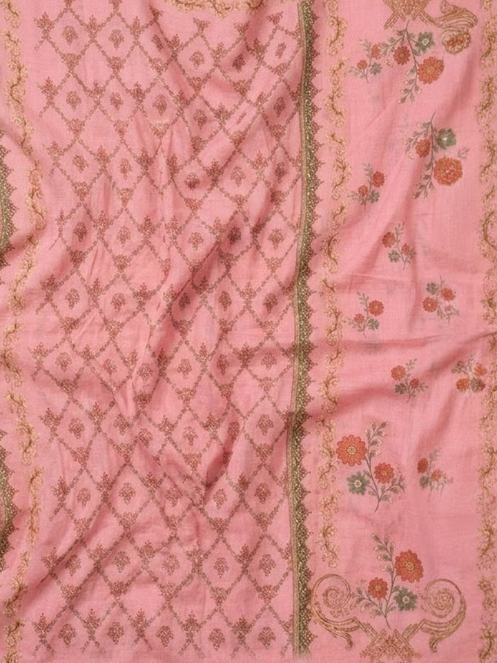 Peach Printed Cotton Blend Unstitched Suit &amp; Pant With Cotton Dupatta