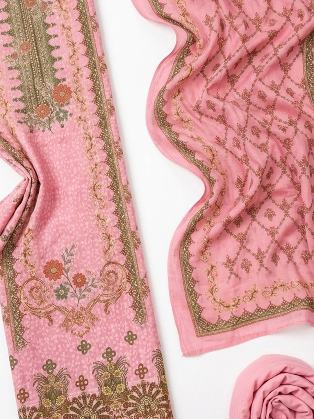 Peach Printed Cotton Blend Unstitched Suit &amp; Pant With Cotton Dupatta