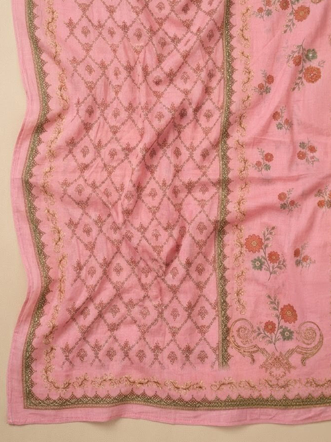 Peach Printed Cotton Blend Unstitched Suit &amp; Pant With Cotton Dupatta