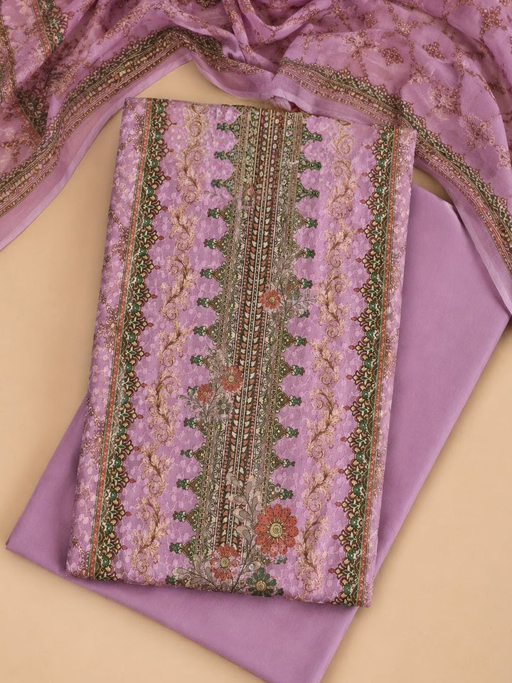 Purple Printed Cotton Blend Unstitched Suit &amp; Pant With Cotton Dupatta