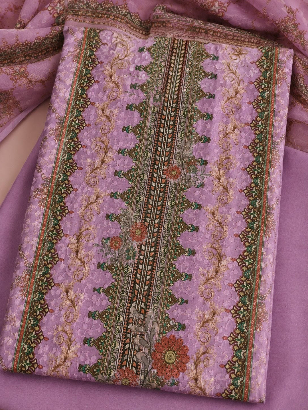 Purple Printed Cotton Blend Unstitched Suit &amp; Pant With Cotton Dupatta