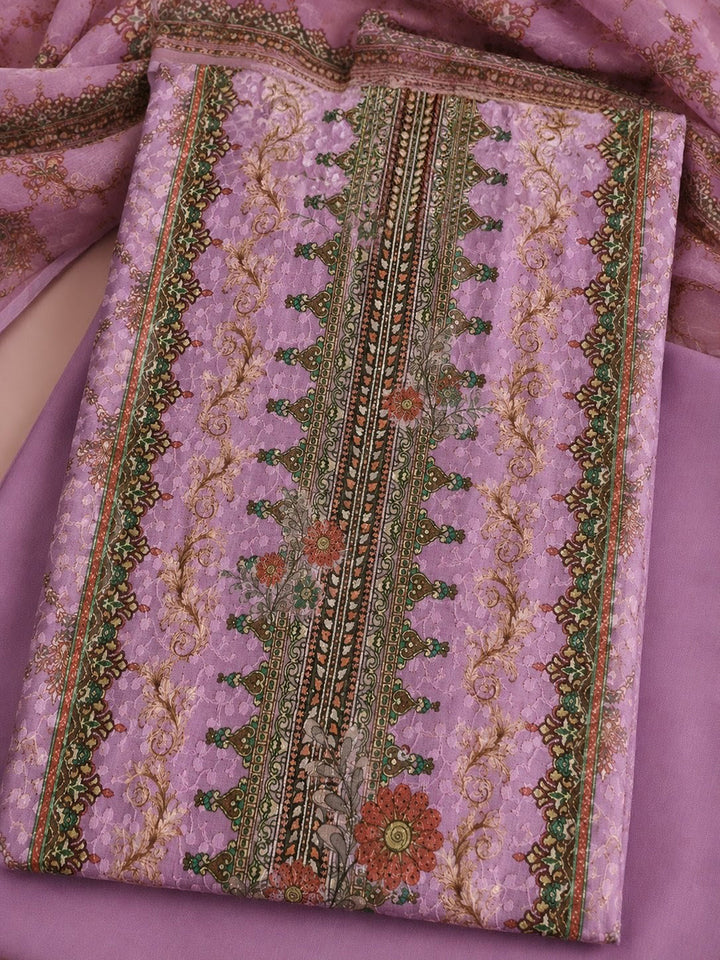 Purple Printed Cotton Blend Unstitched Suit &amp; Pant With Cotton Dupatta
