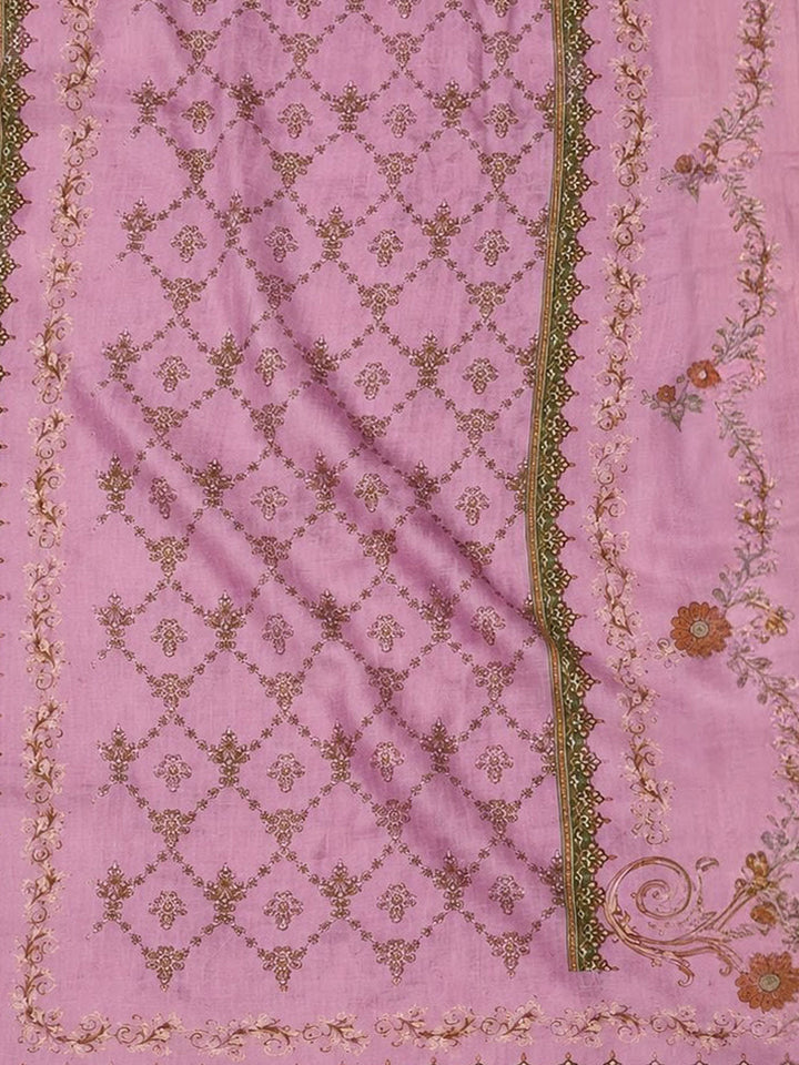 Purple Printed Cotton Blend Unstitched Suit &amp; Pant With Cotton Dupatta
