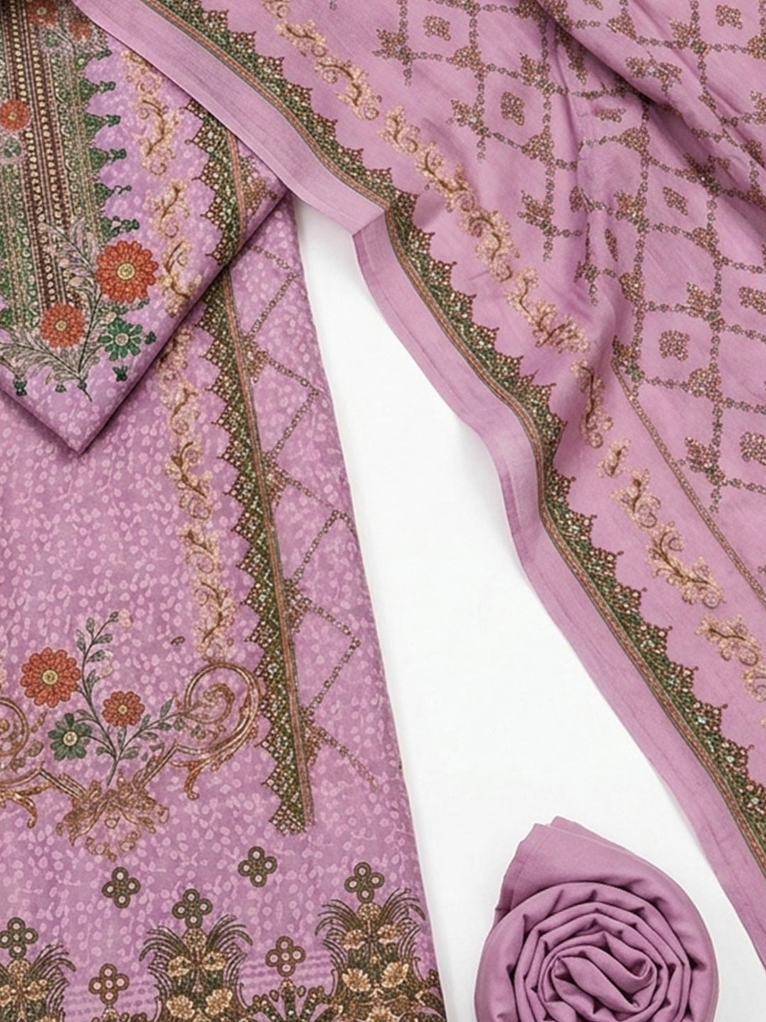 Purple Printed Cotton Blend Unstitched Suit &amp; Pant With Cotton Dupatta