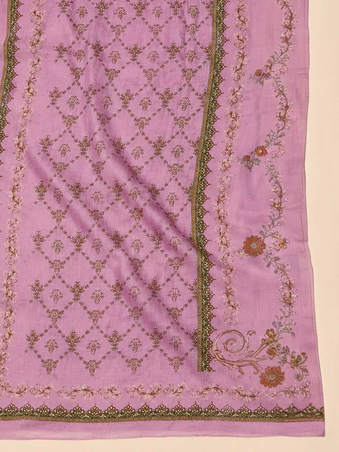 Purple Printed Cotton Blend Unstitched Suit &amp; Pant With Cotton Dupatta