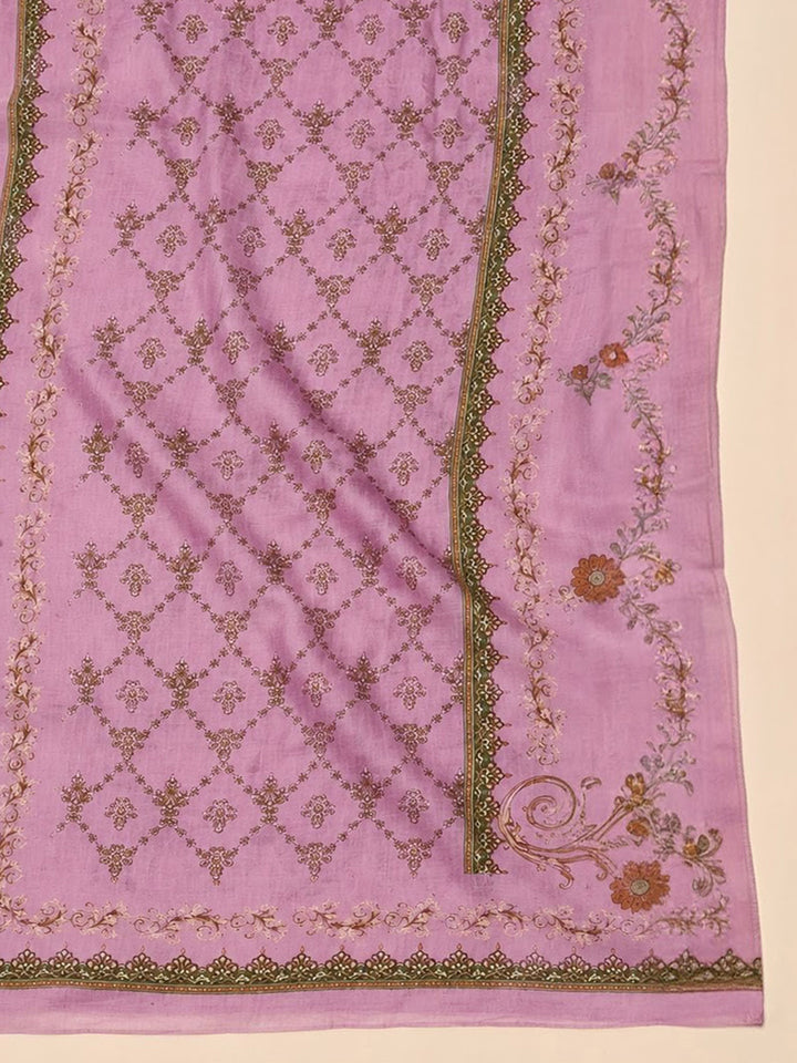 Purple Printed Cotton Blend Unstitched Suit &amp; Pant With Cotton Dupatta