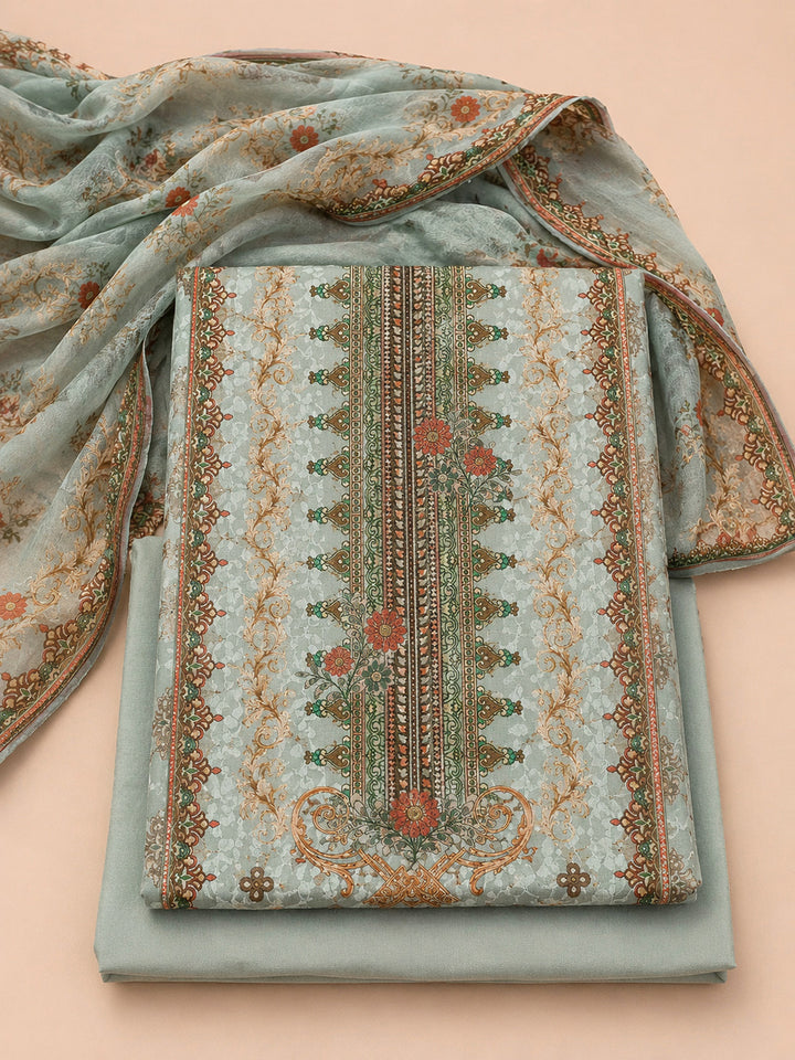 Sea Green Printed Cotton Blend Unstitched Suit &amp; Pant With Cotton Dupatta