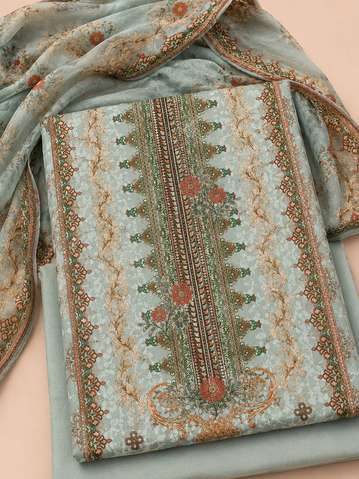 Sea Green Printed Cotton Blend Unstitched Suit &amp; Pant With Cotton Dupatta