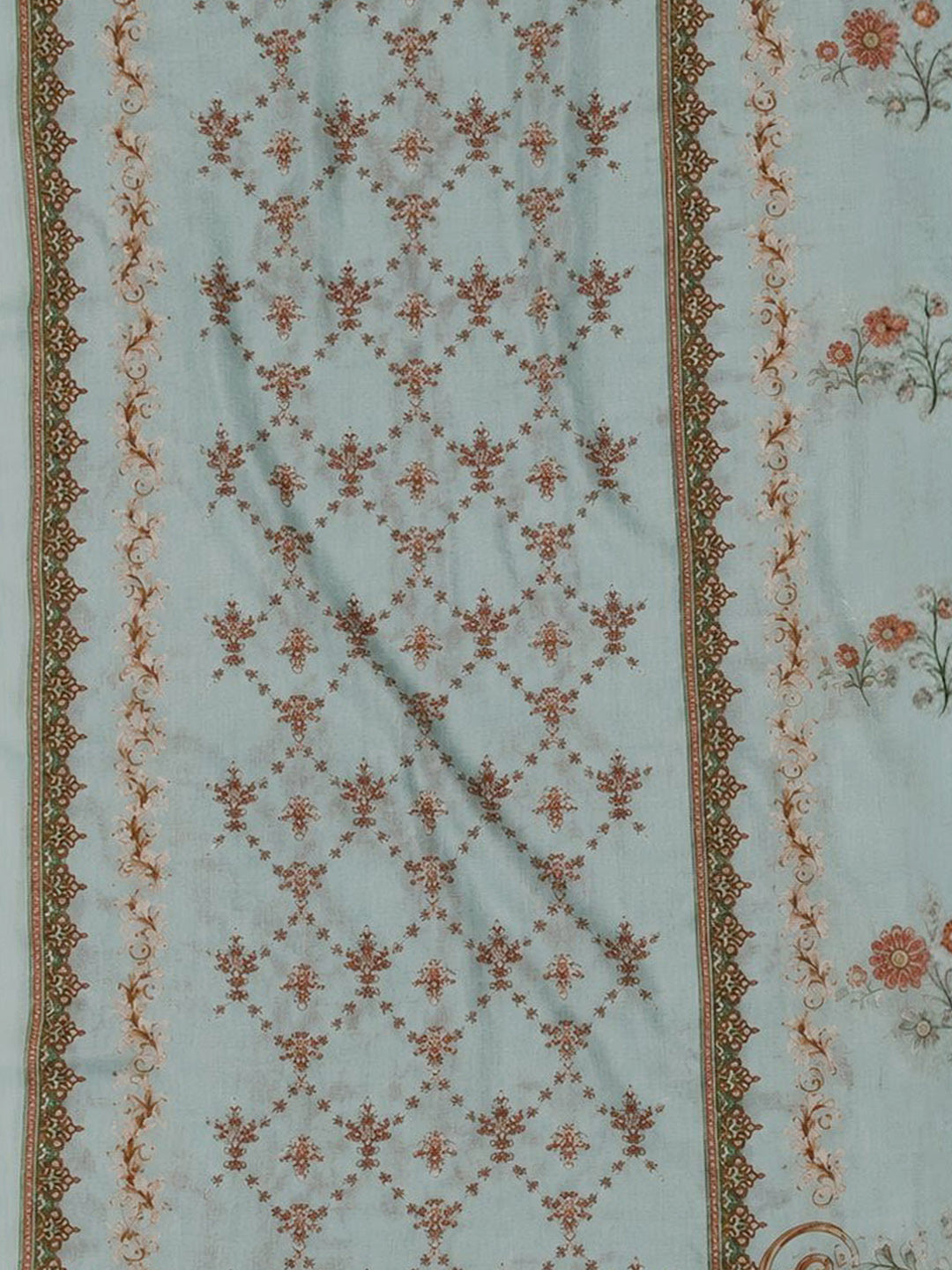 Sea Green Printed Cotton Blend Unstitched Suit &amp; Pant With Cotton Dupatta
