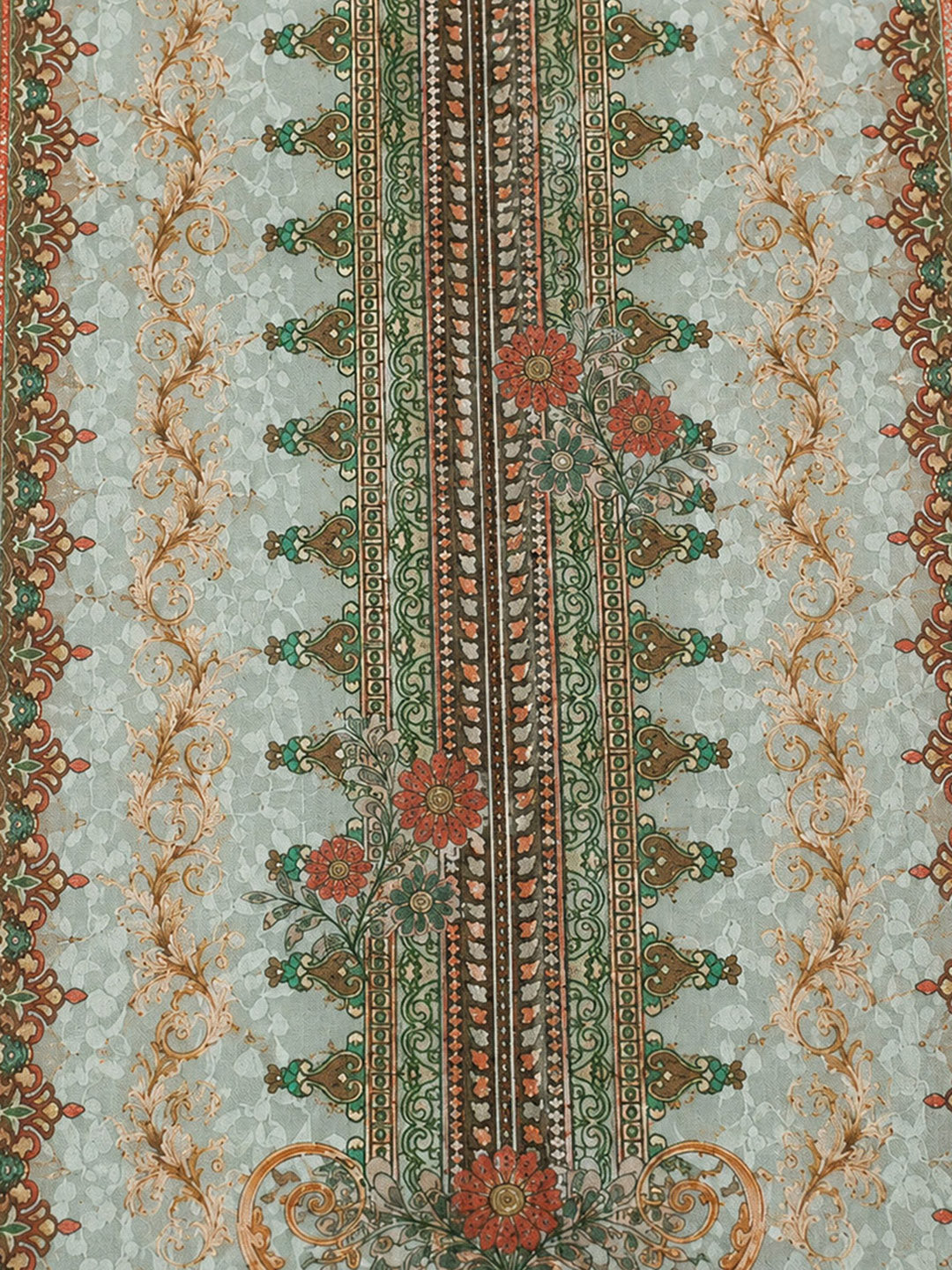 Sea Green Printed Cotton Blend Unstitched Suit &amp; Pant With Cotton Dupatta