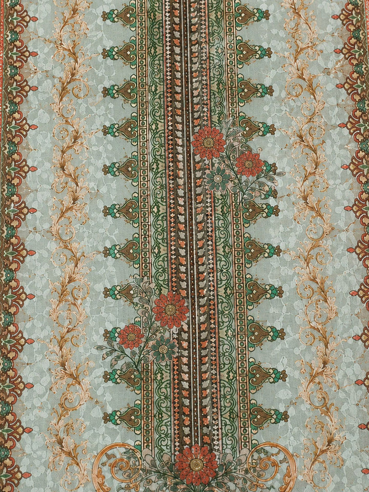 Sea Green Printed Cotton Blend Unstitched Suit &amp; Pant With Cotton Dupatta