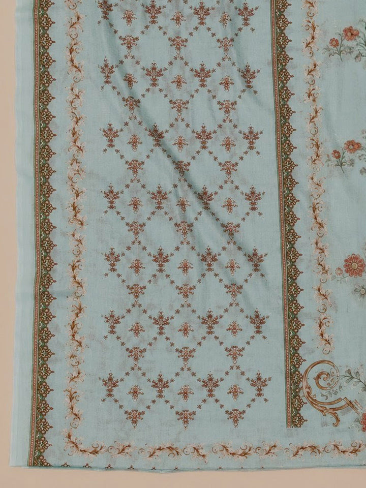 Sea Green Printed Cotton Blend Unstitched Suit &amp; Pant With Cotton Dupatta
