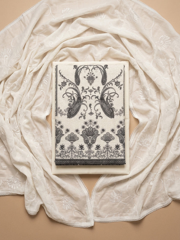 Cream Black Printed Cotton Blend Unstitched Suit With Pant &amp; Dupatta