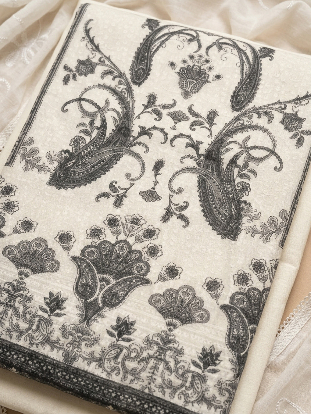 Cream Black Printed Cotton Blend Unstitched Suit With Pant &amp; Dupatta