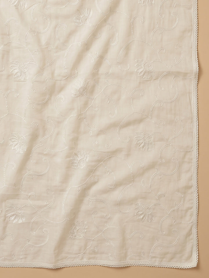 Cream Black Printed Cotton Blend Unstitched Suit With Pant &amp; Dupatta
