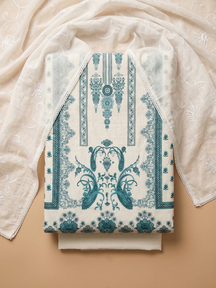 Cream Green Printed Cotton Blend Unstitched Suit With Pant &amp; Dupatta