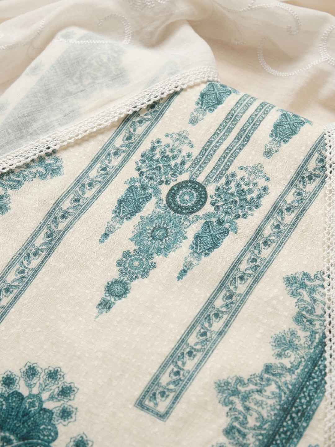 Cream Green Printed Cotton Blend Unstitched Suit With Pant &amp; Dupatta