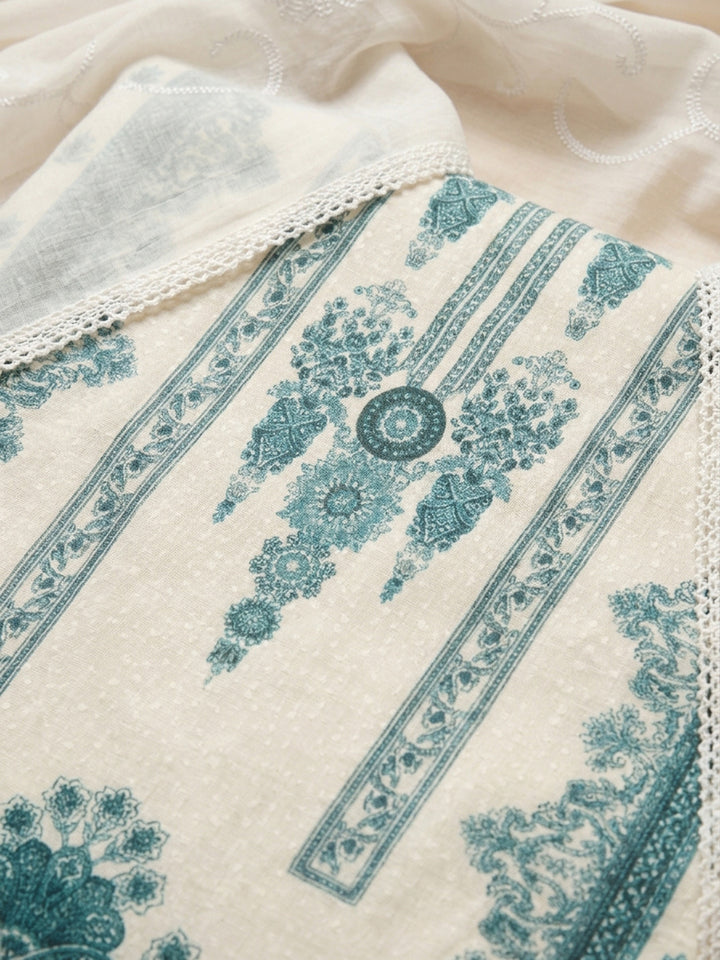Cream Green Printed Cotton Blend Unstitched Suit With Pant &amp; Dupatta